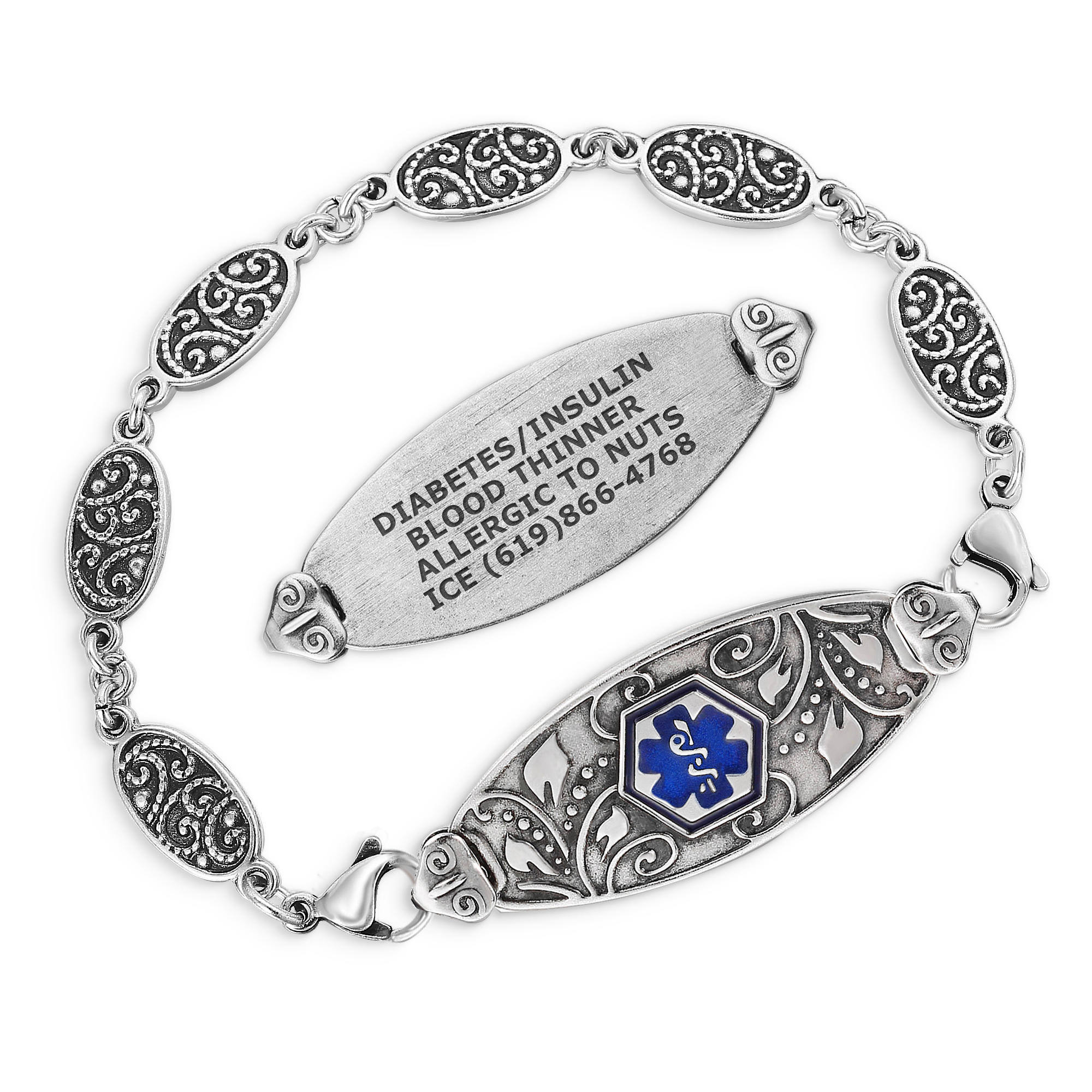Heritage Silver Filigree Tag and Link Medical ID Bracelet
